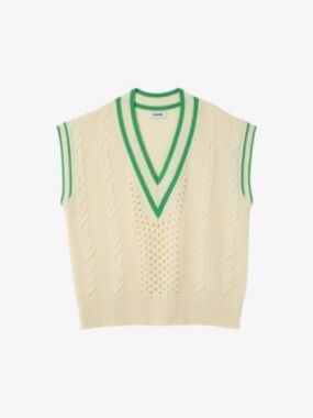 Sandro Cream Cable-Knit V-Neck Sweater Vest with Green Trim